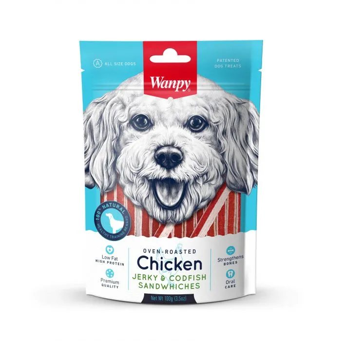 WANPY CHICKEN JERKY&CODFISH SANDWHICHES 100G - img 1